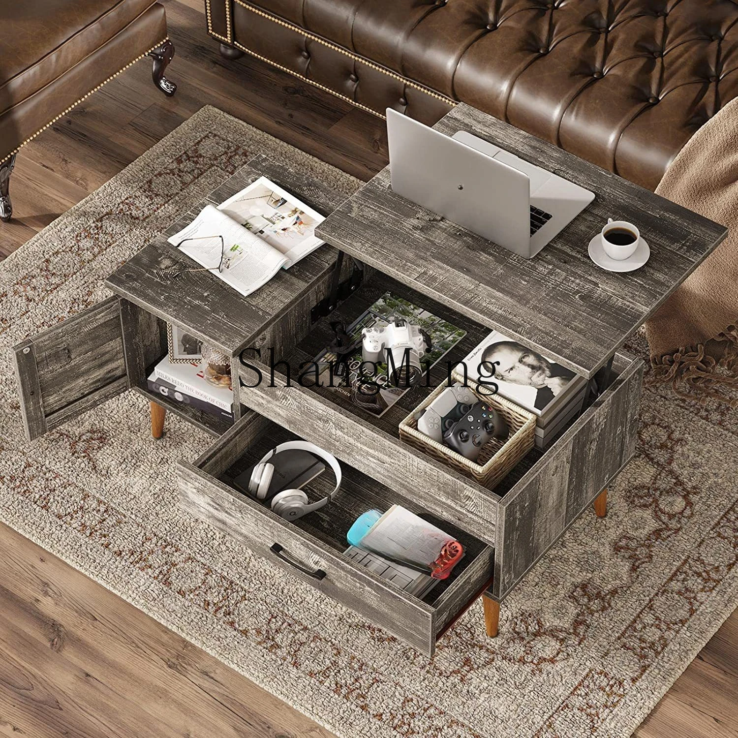 FG مساحة تخزين مفتوحة مكتب الشاي طاولة قهوة مزدوجة الأغراض، طاولة قهوة مستطيلة قديمة الرفع