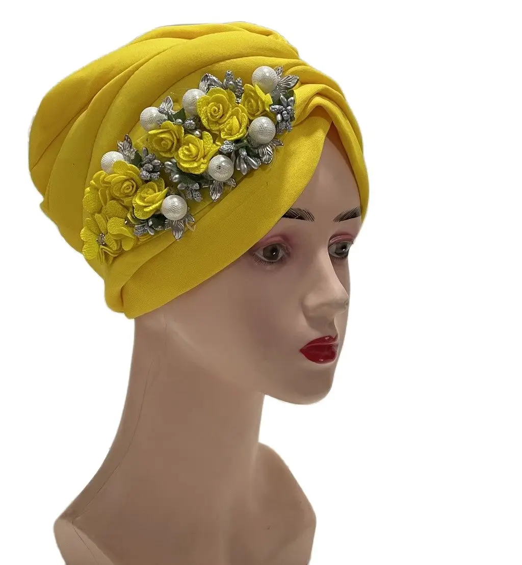 2023 Newest Elegant Turban Big Flowers Hats Women Cap Beaded For India Hat Scarfs Head Wrap Headband Girl Hair Accessories Lady