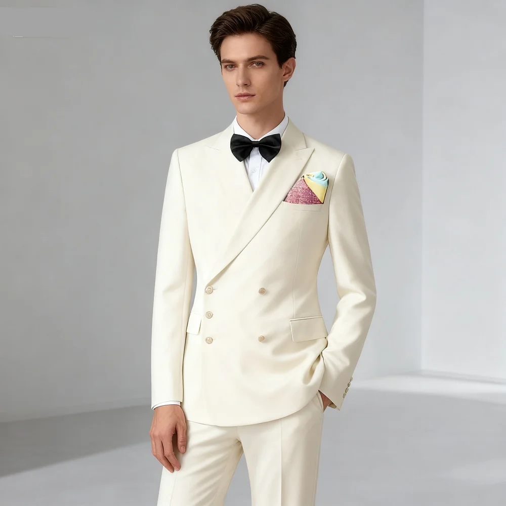 

Elegant Solid 2 Piece Men's Tuxedo Formal Business Wedding Groom Double Breasted Jacket with Peak Lapel And Pants