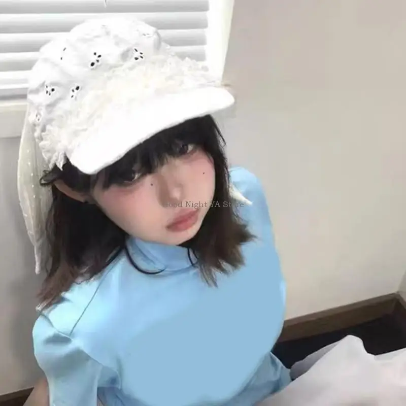 Anime anime multiuse Rabbits Ear Sun Hat com design borboleta oco para mulheres e garotas renda renda