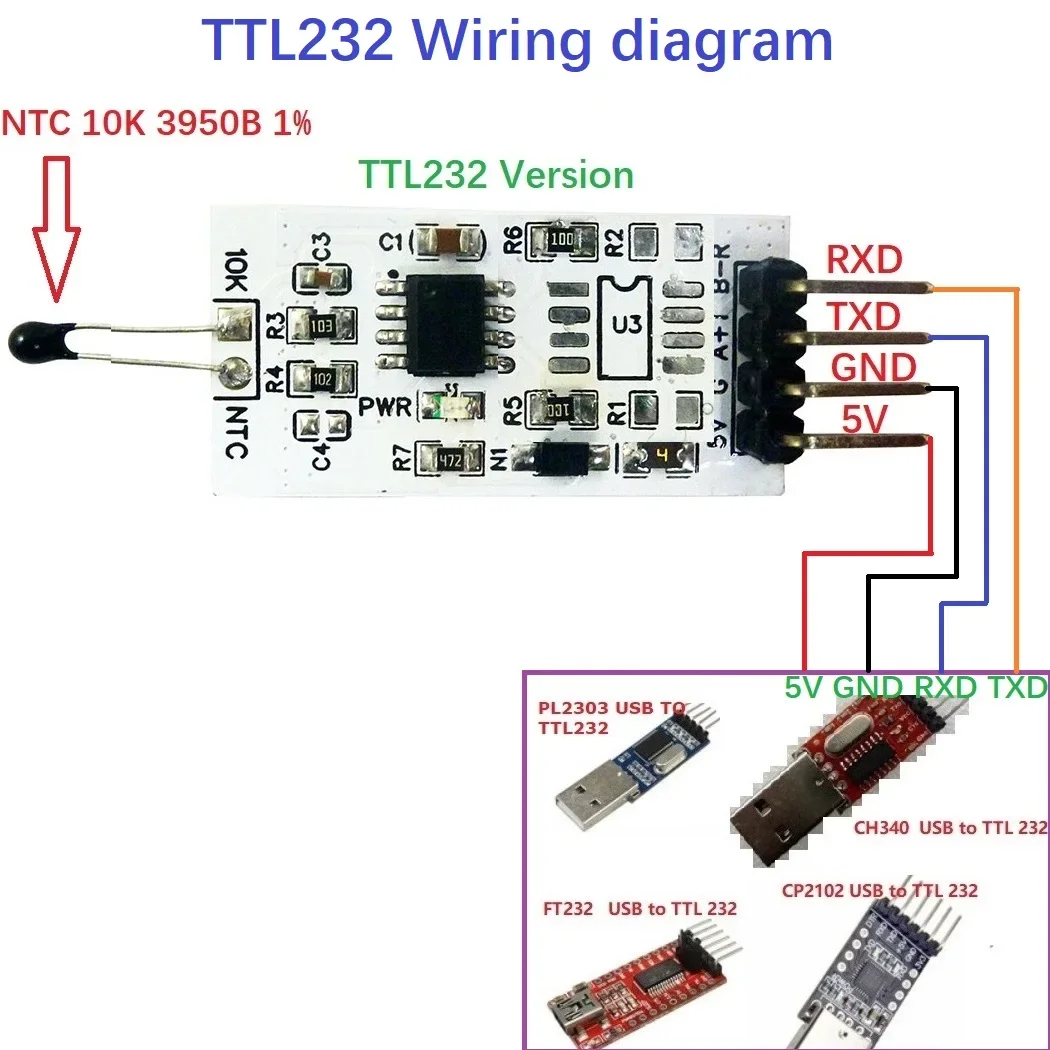 2 Pcs NT38D01 Mini RS232(TTL) 1k-100K Resistance Value Measurement Module 10K 3950 NTC Thermistor Collector