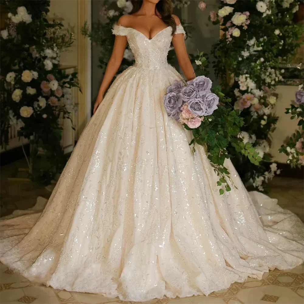 

Изысканные свадебные платья принцессы с открытыми плечами, расшитые пайетками, без рукавов, А-силуэт, Vestidos De Novia Boda