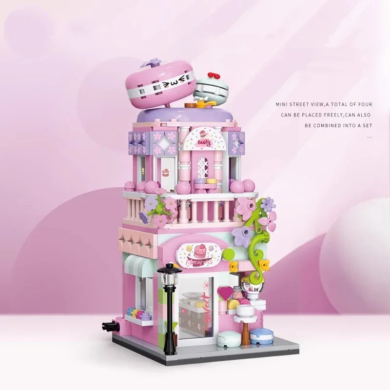 Bunte Straßenszene Bausteine Candy House Bistro Szene Modell Puzzle Zusammenbau Kinderspielzeug Geburtstagsgeschenk Dekorationen