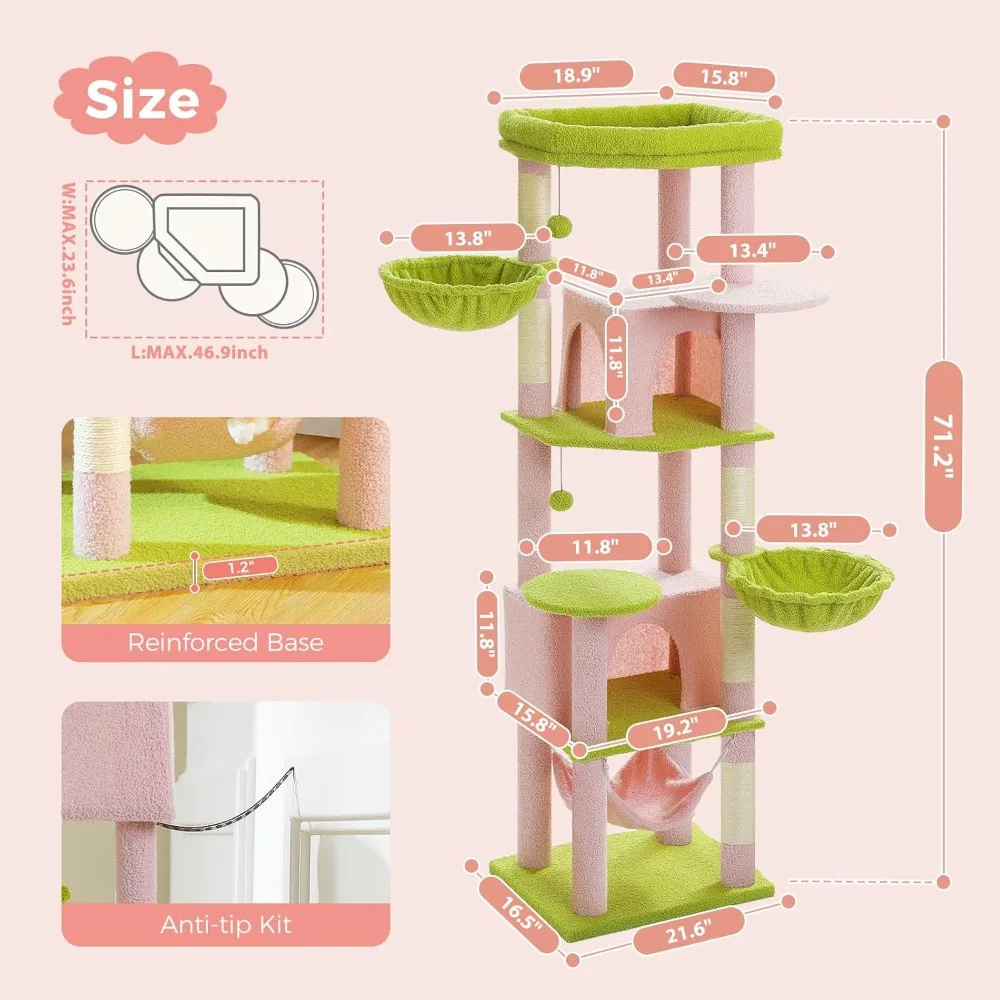 

71.2 Inches Flower Tall Cat Tree for Large Cats, Multi-Level Cat Tower with 2 Cozy Condos, Super Large Top Perch, 3 Hammocks.