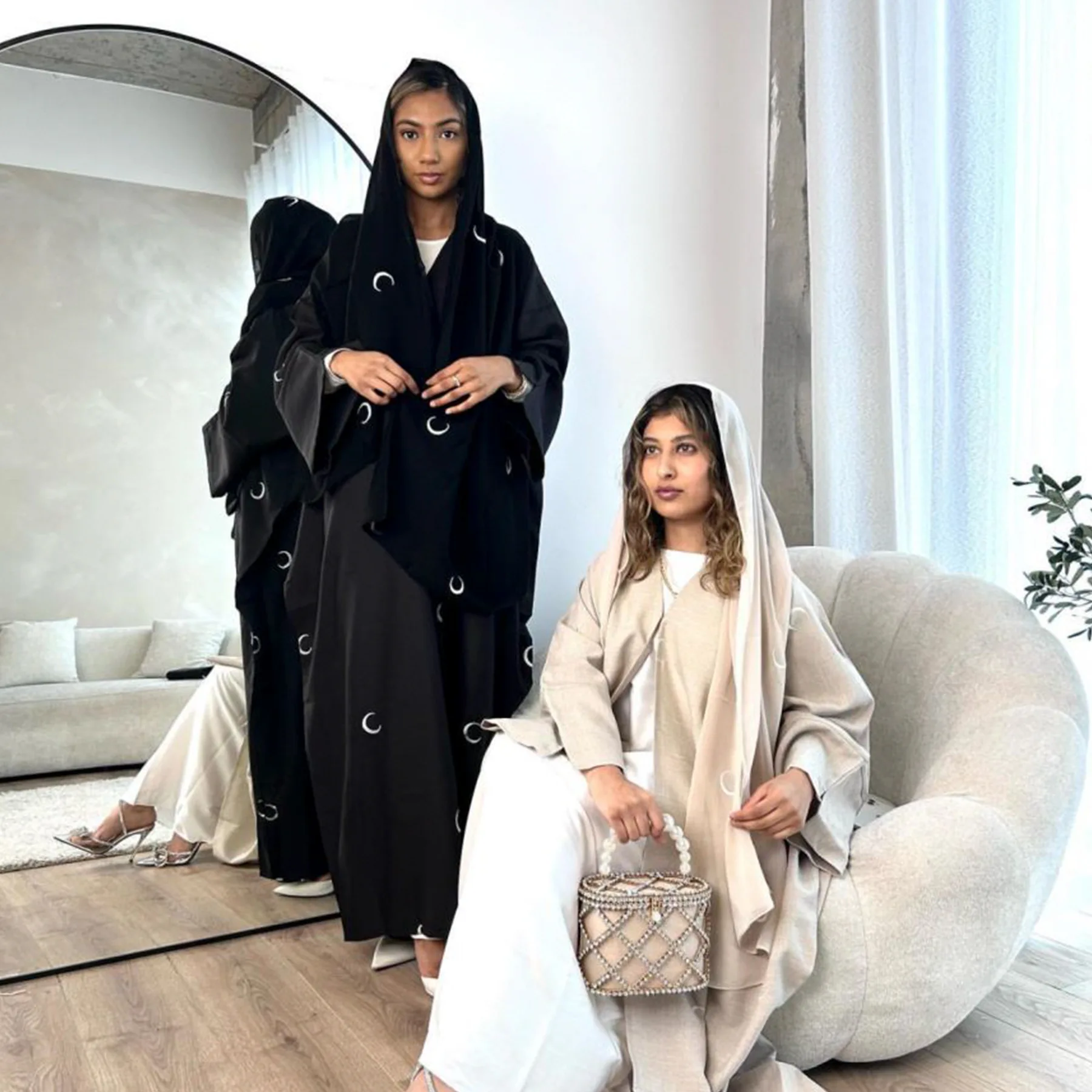 Imagem -02 - Mulheres Bordado de Lua Abaya Kaftan de Linho Kimono Elegante Dubai Turquia Muçulmanos Islamismo Eid Ramadan Abaya Vestidos Africanos Djellaba