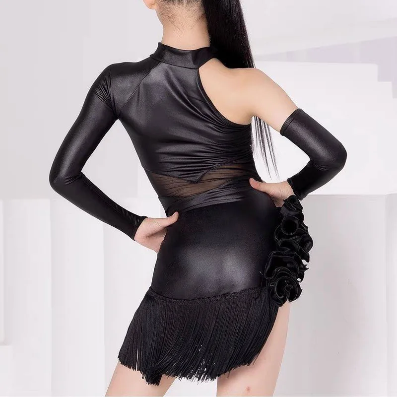 Girls Performance Costume One-Sleeve Black Fringe Skirt Kids Latin Dance Clothes Samba Cha-cha Competition Training Dress 2025