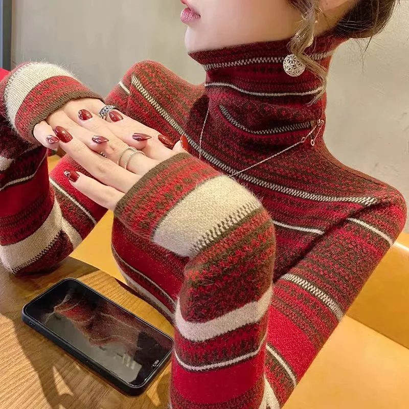 Women Clothes Turtleneck Slim Fashion Sweater Early Spring Long Sleeve Vintage Elasticity Long Sleeve Elegant All-match Pullover