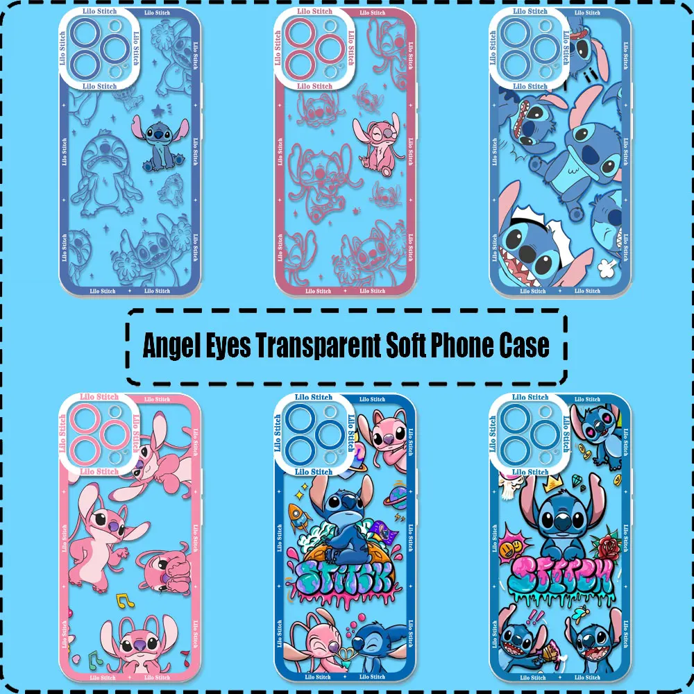 Love Couple Angel Lilo Stitch Phone Case For iPhone 16 15 ProMax 14 Plus 12 13 Mini 11 15 16 Pro Max Case Transparent Soft Cover