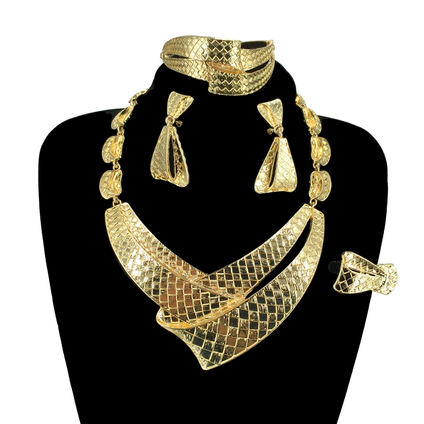 Hot Sale Dubai Gold Plated Ladies Simple Necklace Bracelet Earrings Ring Jewelry Set Holiday Gift FHK14609