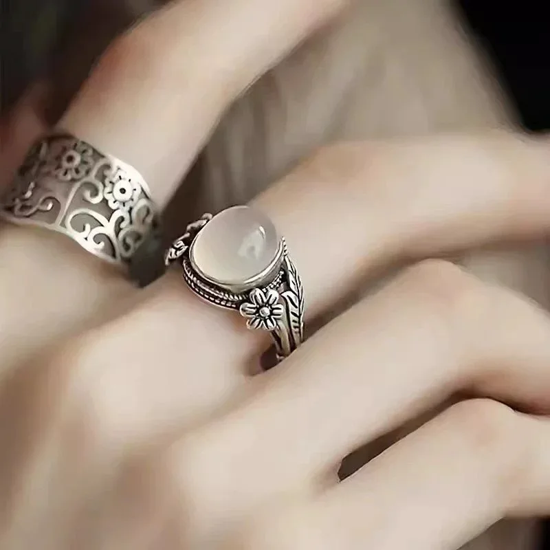 

Retro Ethnic Style Floral Hollow Ring Women's Silver Natural Stone Simple Artistic High-end Flower Opening Ring Daily Matching