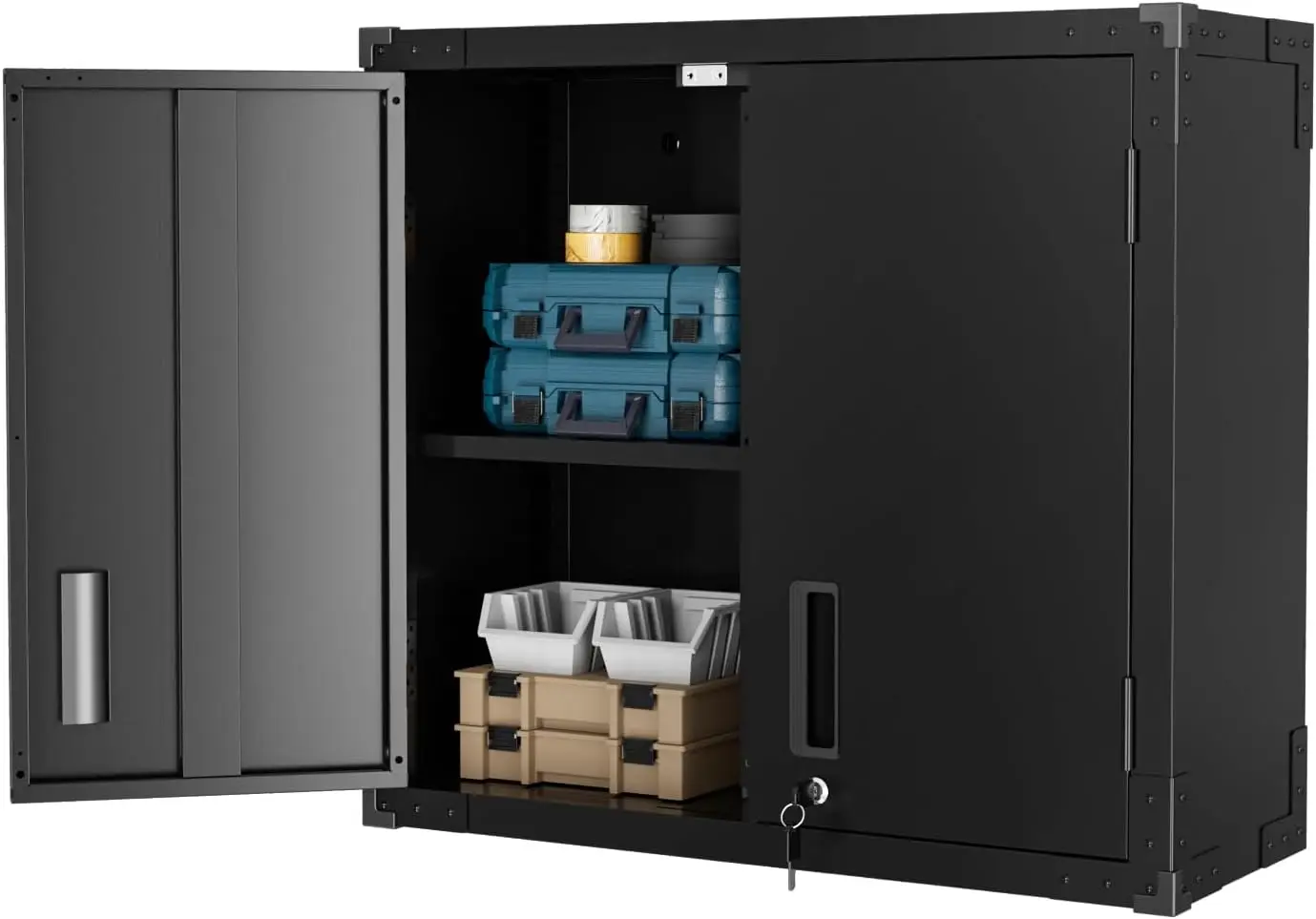 

Garage Wall Cabinet with Locking Doors and Adjustable Shelf, Metal Wall Cabinet, Floating Upper Storage Cabinet (Black, 30''W