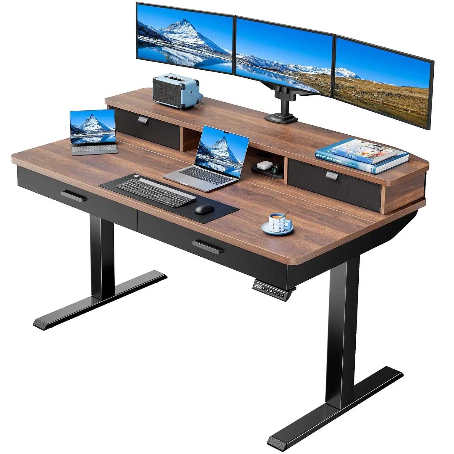 Electric Standing Desk 4 Drawers 55x30 Inch Walnut Desktop Cable Tray Monitor Mount Grommet 27.9-46.8 Inch Home Office, Customiz