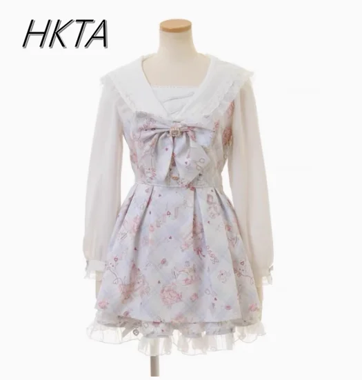 

Japanese Dress for Girls Spring New Cute Lolita Mine Girl Cute Cartoon Print Bow Long Sleeve Dress Shorts Set Women Outfits