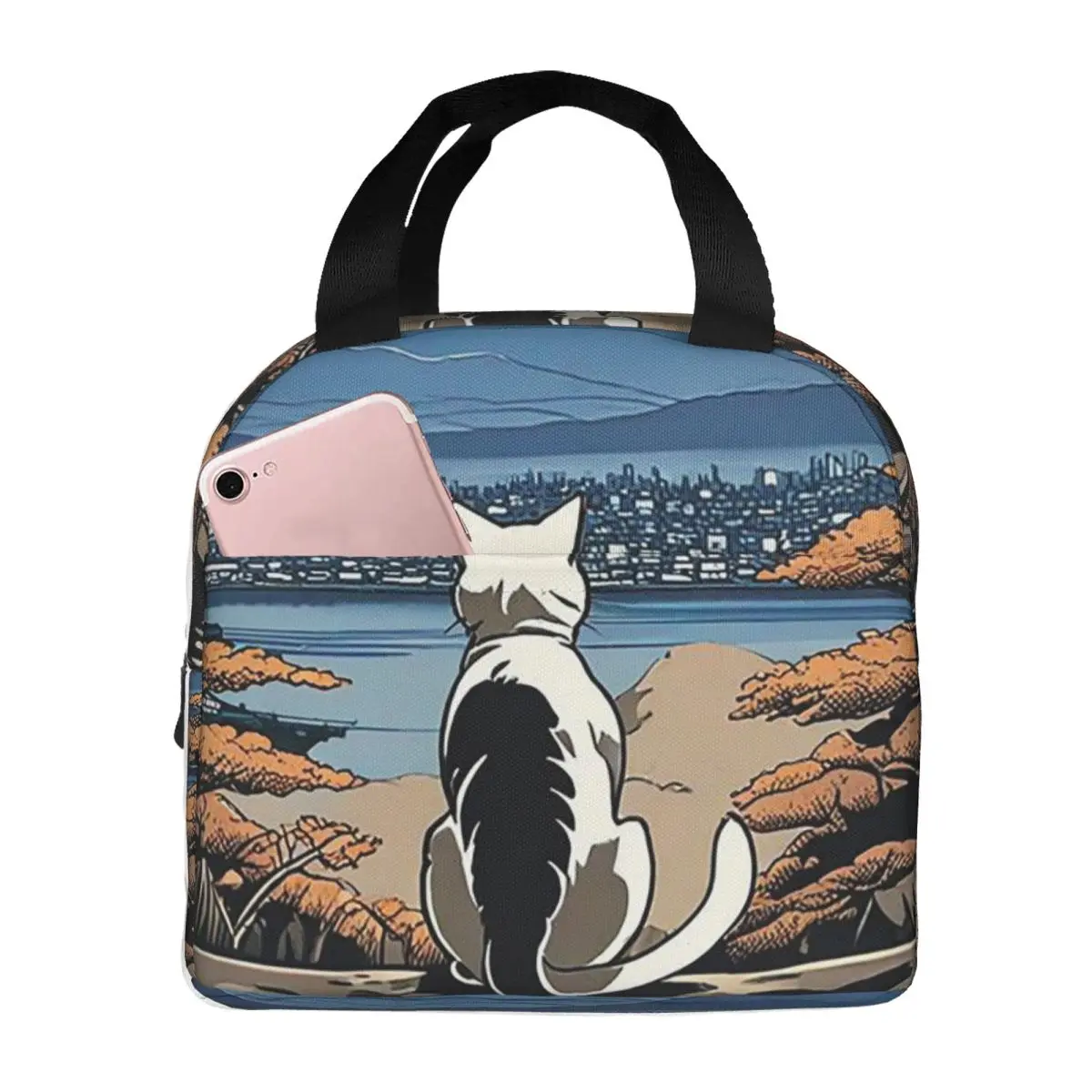 Sakura Mount Fuji And Cat Insulated Lunch Bag for Women Kids Portable Food Boxes Thermal Lunch Box Tote