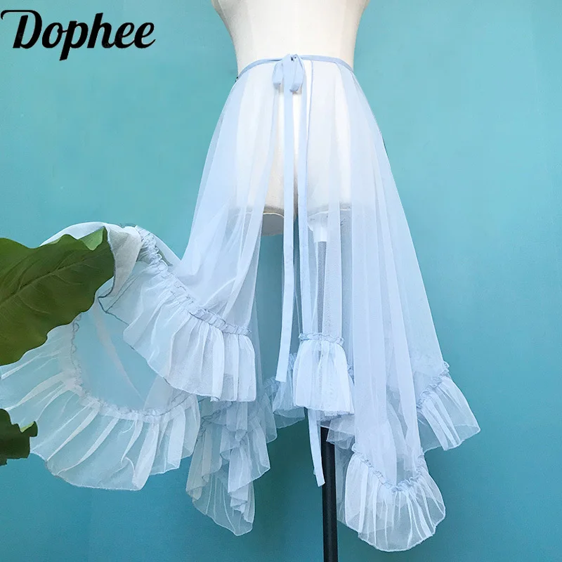 Dophee Original Irregular Wedding Mesh Cover Skirts Perspective High Waist Lolita Fairy Skirt Elegant Ruffles Gauze Overskirt