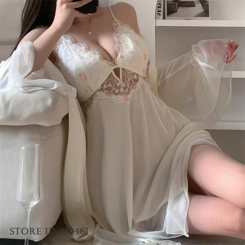 

Sexy Hollow Out Lace Lingerie Bathrobe Home Dress Summer New Female 2PCS Robe Nightgown Set Silky Satin Sleepwear Loungewear
