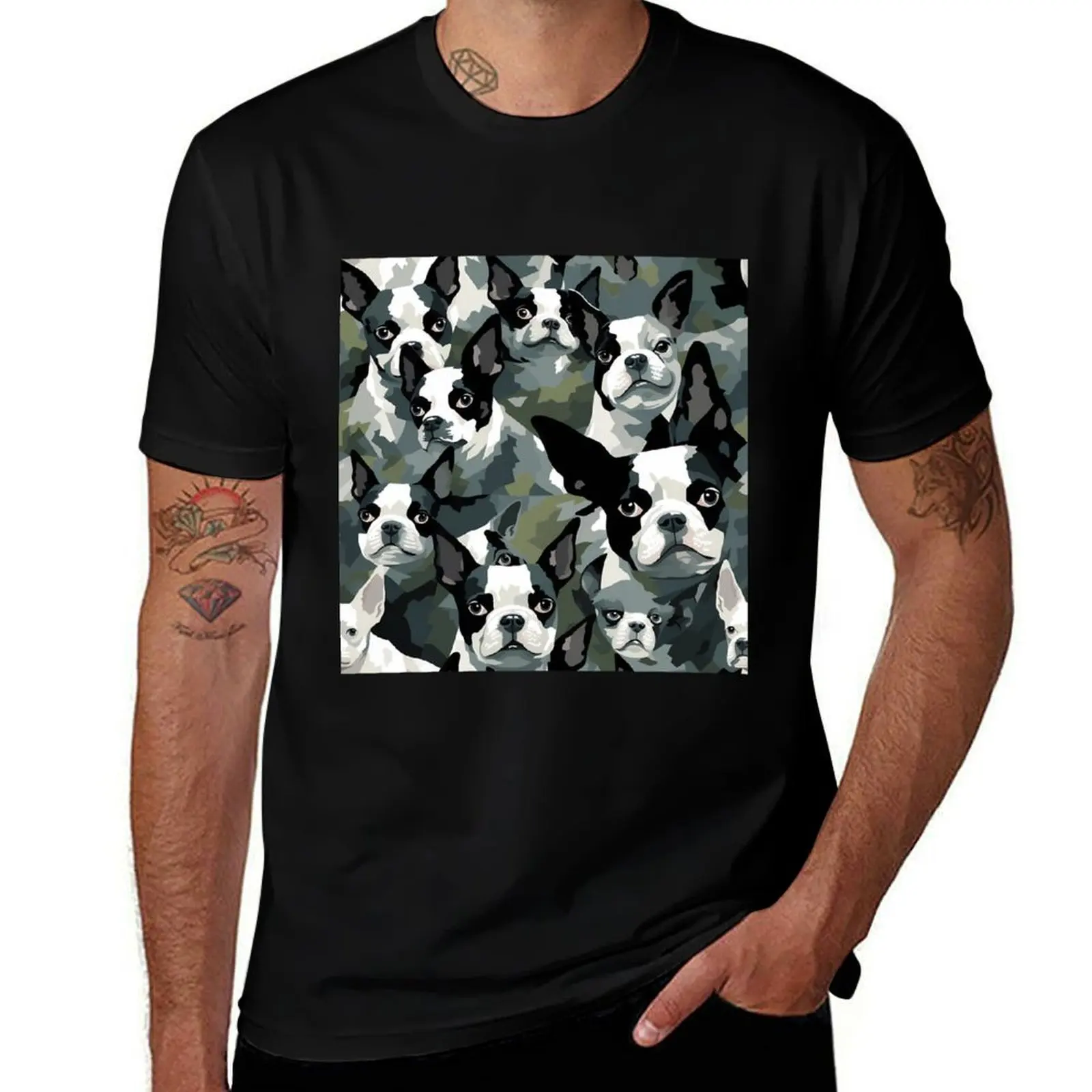 

Boston Terrier in camouflage pattern T-Shirt t shirt man cotton T-Shirt