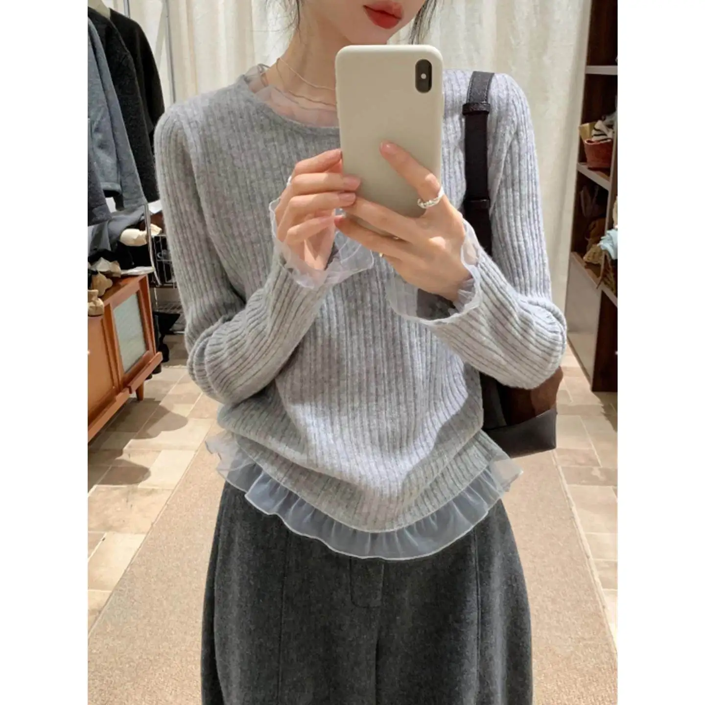 

Ele Lace Trimmed round Ne Camere Knitwear Women's Spring Autumn Loose Thin Base Layer Wool Sweater Comfortable Fit