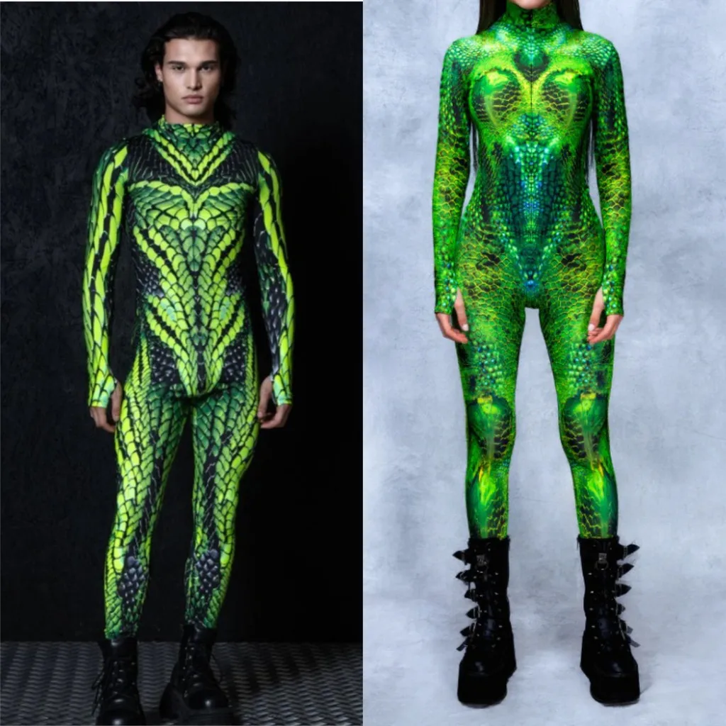 

Women Men Green Snake 3D Digital Printed Halloween Party Role Play Outfit Cosplay Costume Carnival Jumpsuit