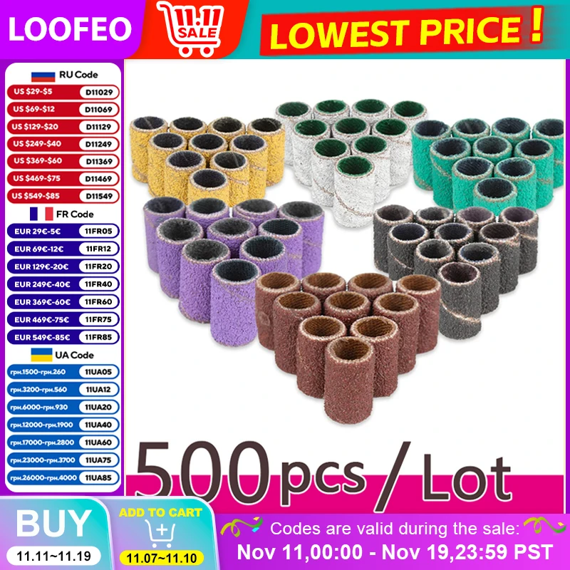 

500pcs Nail Sanding Bands Nail Drill Bit Caps Accessories for Manicure Gel Polish Removing Manicure Tool 80# 120# 180# 240# Set