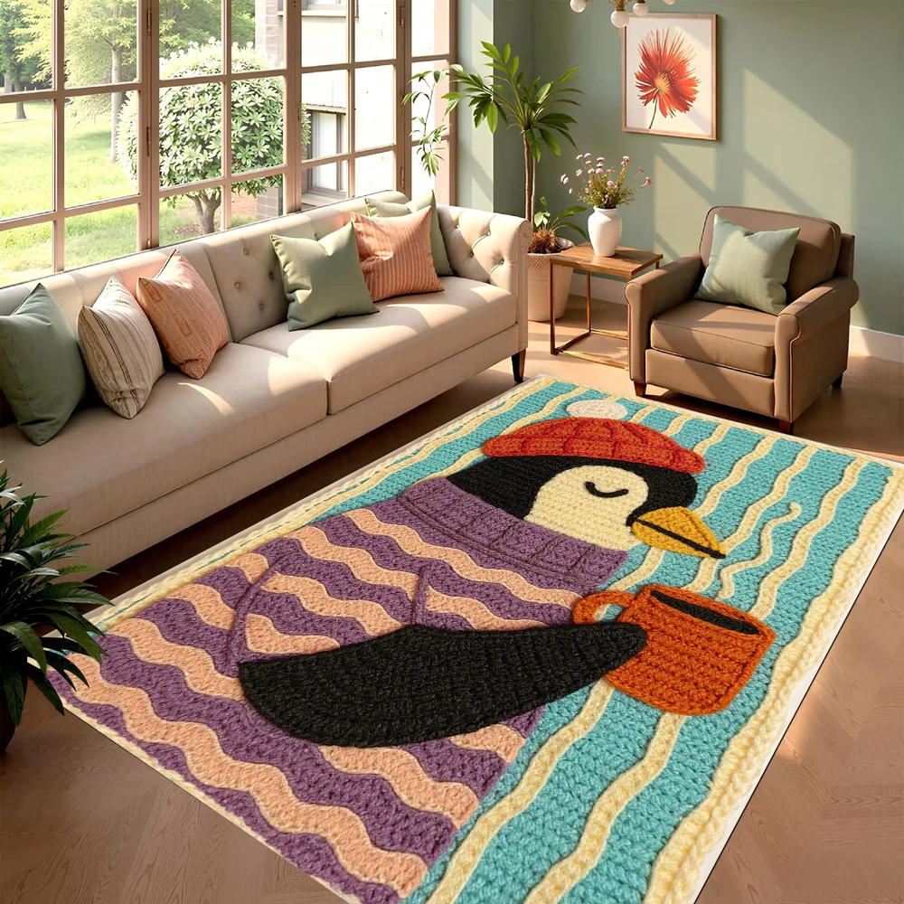 Cozy Winter Penguin Fox Cartoon Carpet Soft Plush Area Rug Non Slip Floor Mat for Living Room Bedroom Home Decoration