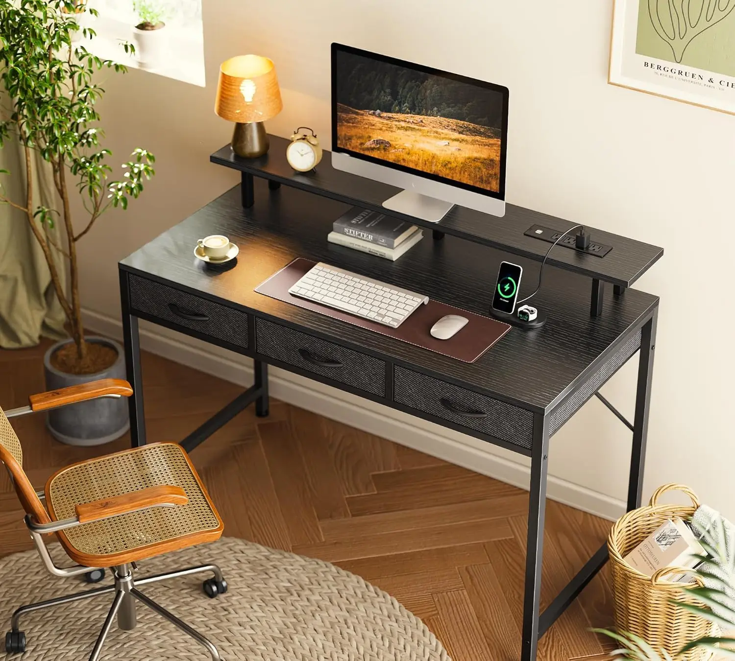 

47 inch Computer Desk with 3 Drawers, with LED Lights & Power Outlets, Home Office Desks with Storage Space for Bedroom