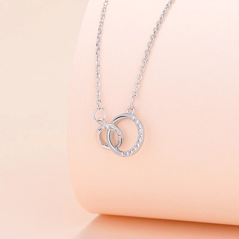 New Fashion 925 Sterling Silver Double Round Pendant Neckalce Rose Gold Semi Circle Rhinestone Clavicle Chain Women Jewelry Gift