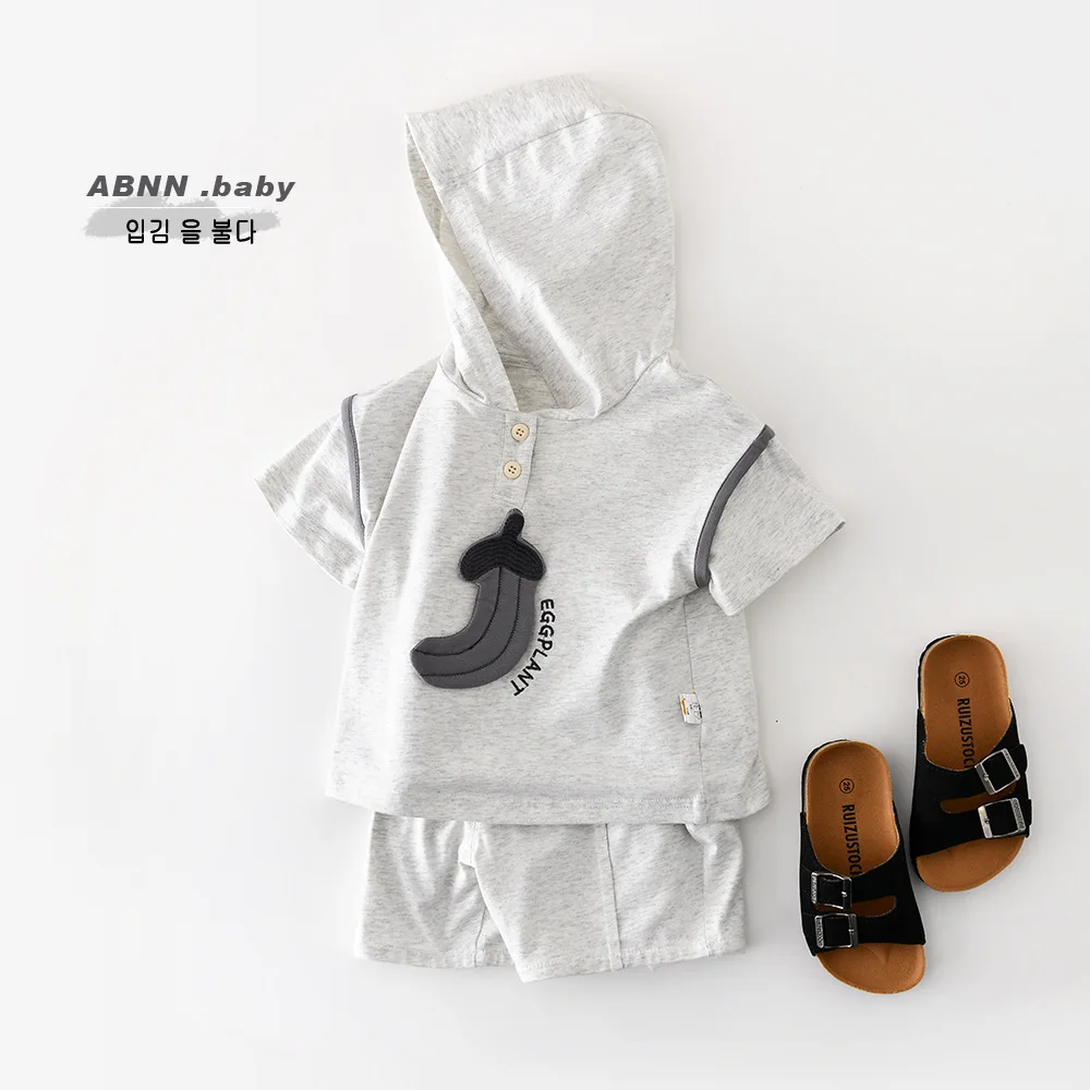 2026 New Baby Summer Short Sleeve Sportswear Set Infant Boy Hooded Tops + Shorts 2pcs Suit Kids Casual Tracksuit Toddler Outfits