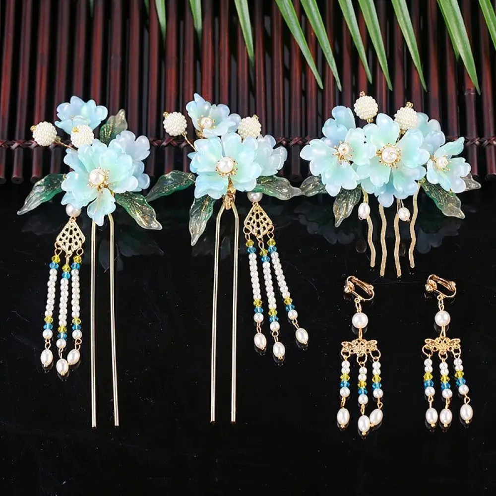 Ancient Style Hair Accessory Set Elegant Alloy Floral Hair Sticks Tassel Earrings Oriental Headdress For Photo Shoot