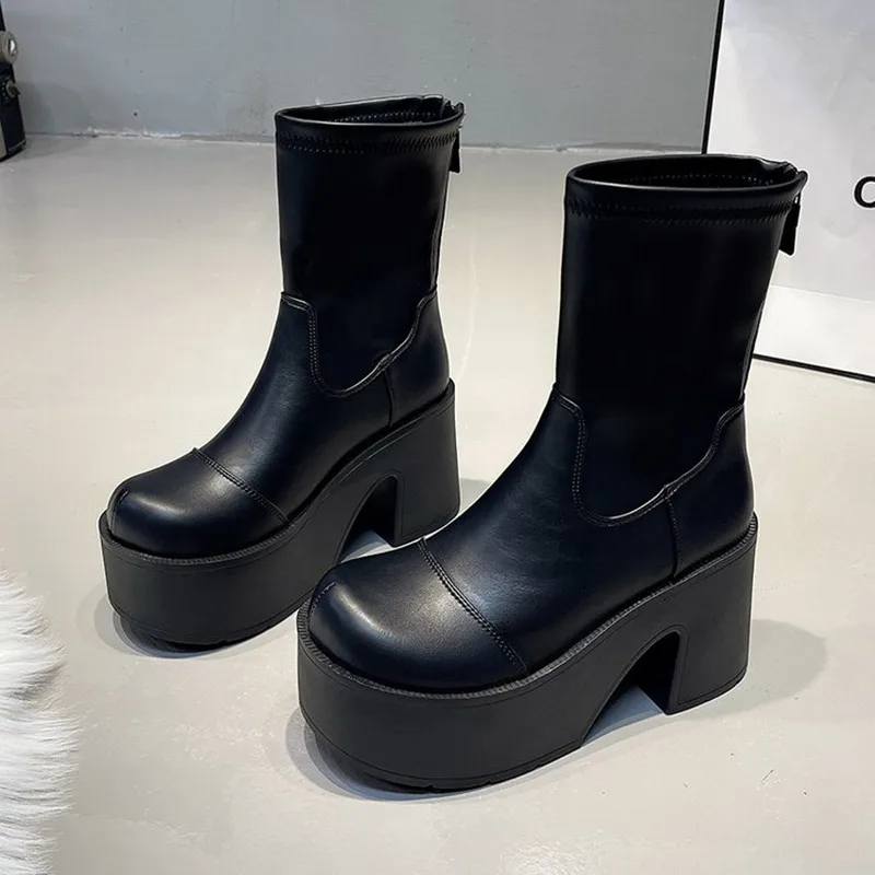 جديد 9 سنتيمتر أسافين النساء أحذية عالية الكعب الكاحل الثلوج منصة أحذية الشتاء 2025 ماركة الجلود تشيلسي الأحذية أنيقة القوطي بوتاس Mujer