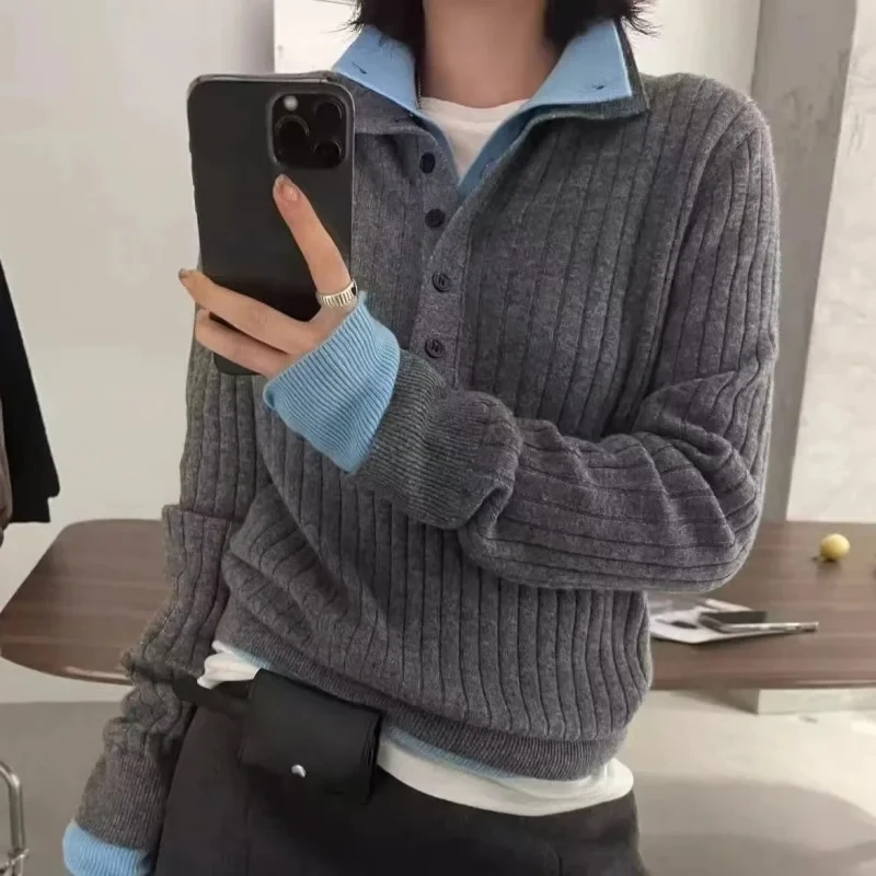 

Новый мягкий восковой свитер из 100% кашемира с двойными лацканами и полуоткрытой пряжкой, женский вязаный кашемировый свитер соответствующего цвета