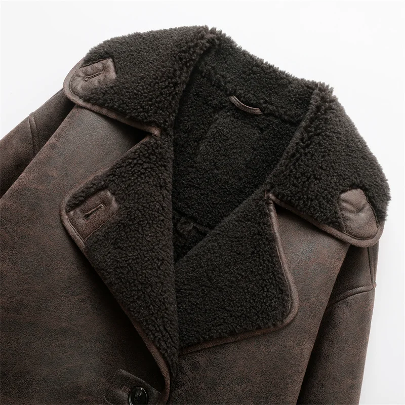 Winter Women Lamb Wool Thickened Jacket Vintage Turn Down Collar Leather Outwear Single Breasted Pockets Streetwear Warm Jackets