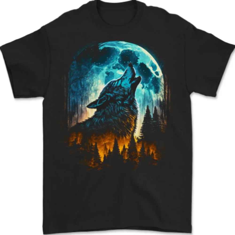 Moon and Wolf Fantasy Mens T-Shirt 100% Cotton