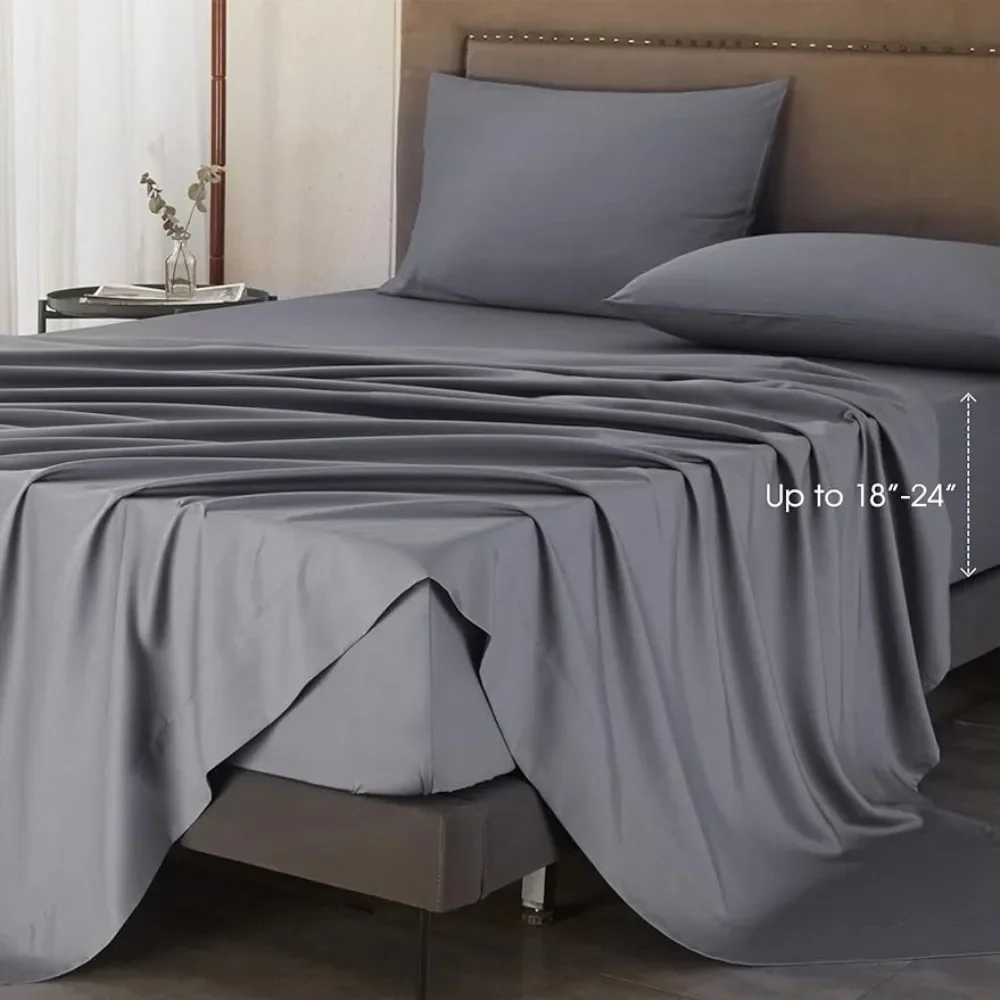 

100% Viscose Bamboo Sheets, 4 Pieces of Grey King Sheets Luxury Bamboo Cool Sheets, Silky Soft and Breathable Bedding