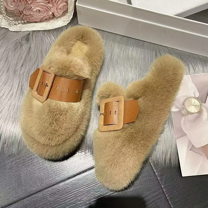 Women's Hairy Slippers with Fashionable Buckle and Warm Inner Lining Wrapped in Cotton Slippers 2026 Winter New Product