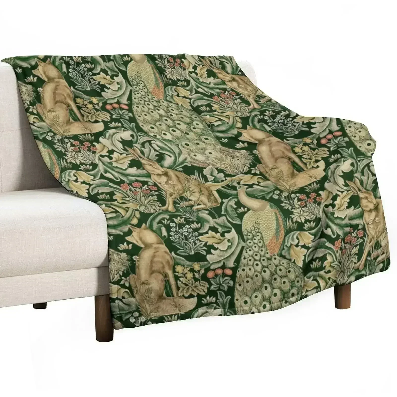 GREEN FOREST ANIMALS ,PEACOCKS, FOX AND HARE Throw Blanket Beach Flannel Summer Multi-Purpose Blankets For Baby Blankets