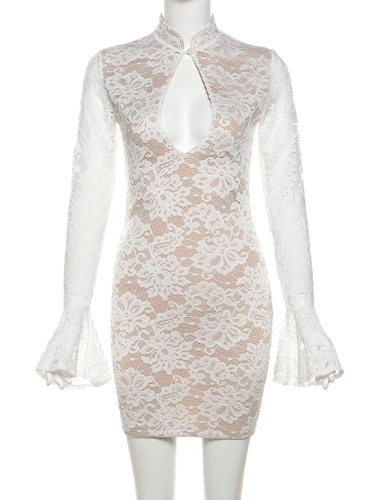 Macheda Sexy Hollow Dress Women Turtleneck Jacquard Mesh Patchwork Flared Sleeve Trend Midnight Prom Patry Elegant Mini Bodycon