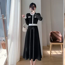 New Autumn Winter Women Red Hit Color Knitted Pleated Dress Elegant Long Sleeve O-Neck Pearl Button Sweater Long Dress