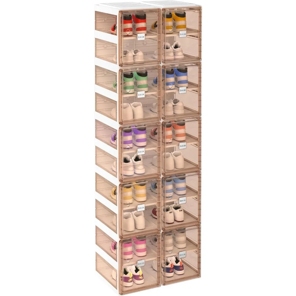 

Shoe Storage Cabinet with Doors, One Piece Portable Rack Organizer, Easy Assemble, Plastic Clear Box, Foldable Cubby Stor