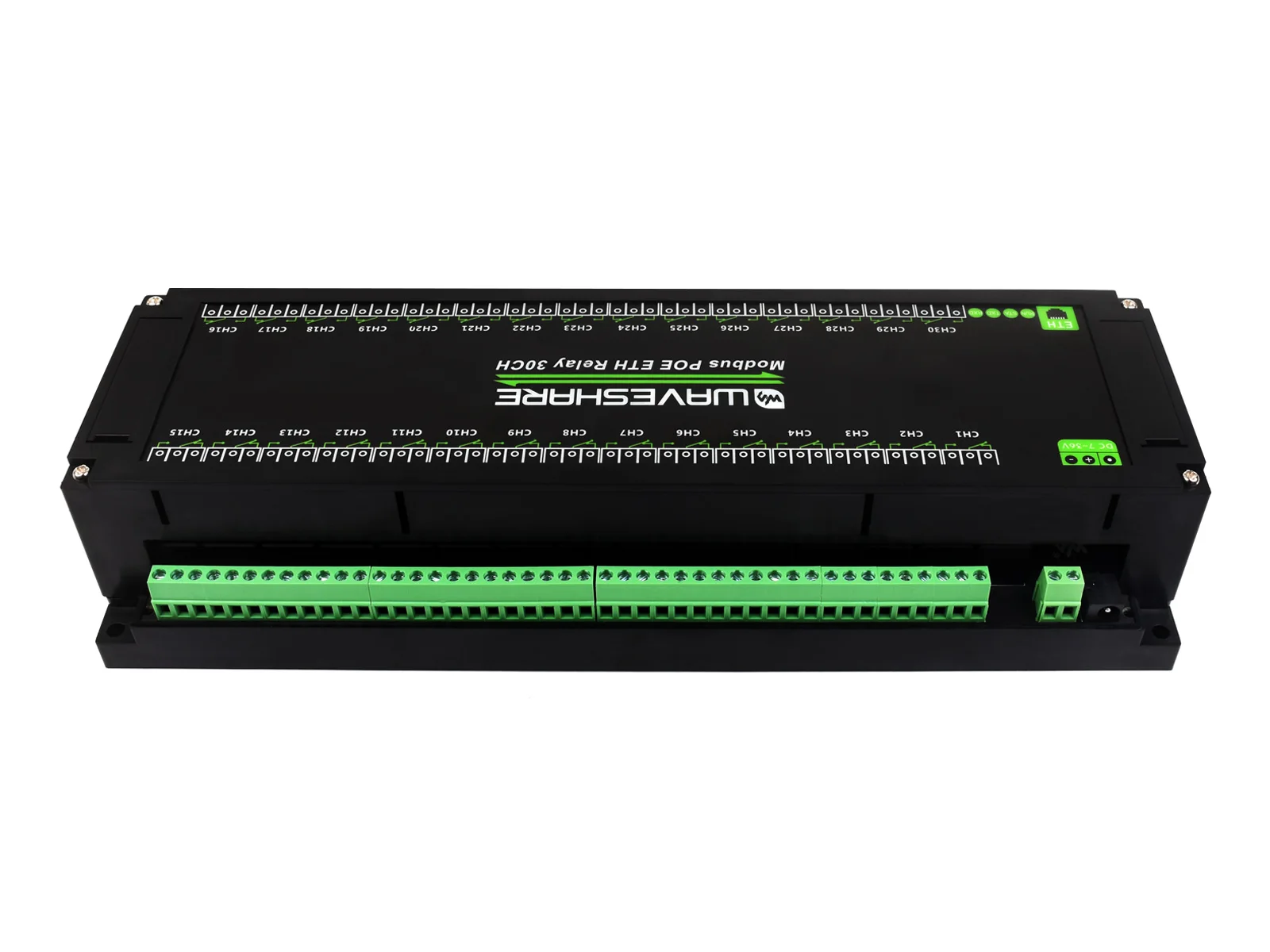 Waveshare 30-Ch Ethernet Relay Module, Modbus RTU/Modbus TCP Protocol, PoE Port, Industrial Grade Rail-Mount Case