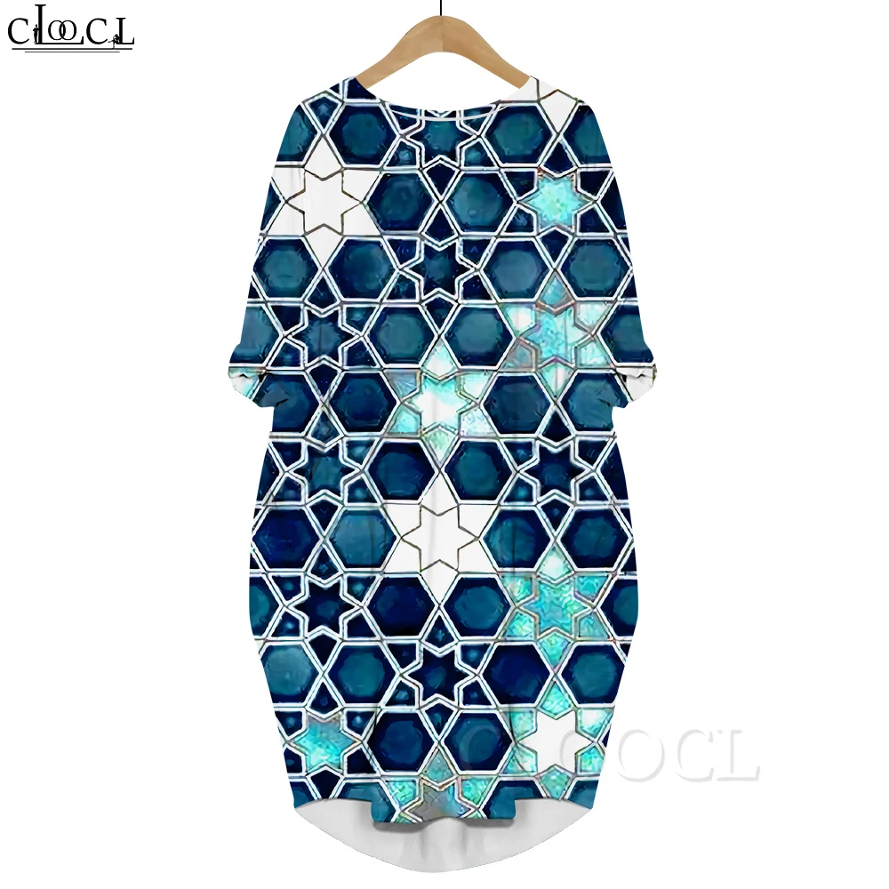 

CLOOCL Women Dress Retro Geometric Figurer 3D All Over Printed Loose Daughter Dresses Long Sleeve Party Skirt Pocket Dress