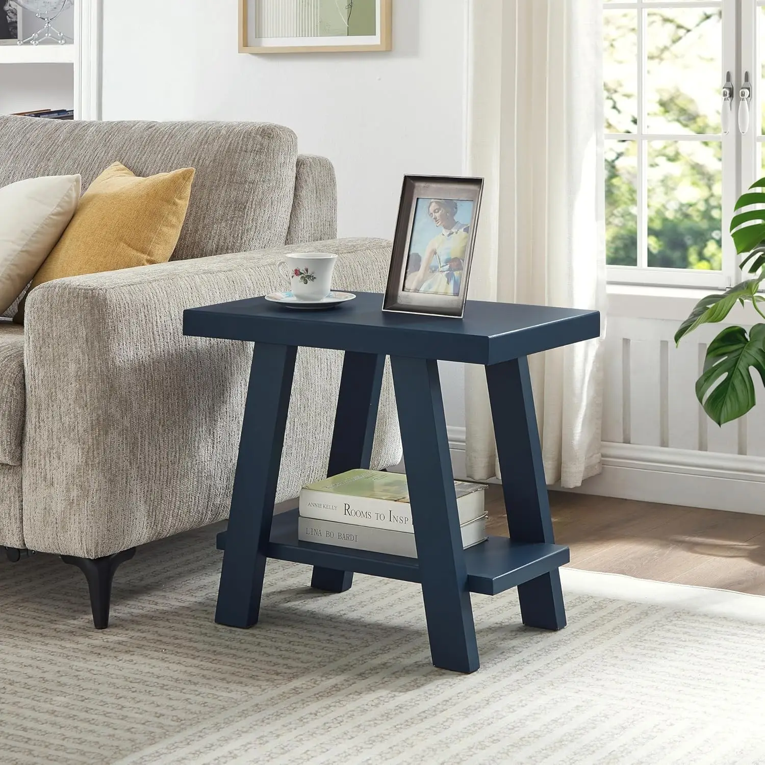 

Navy Blue Contemporary Wood Shelf Side Table with Extra Storage, 23.5"W x 14"D x 22"H