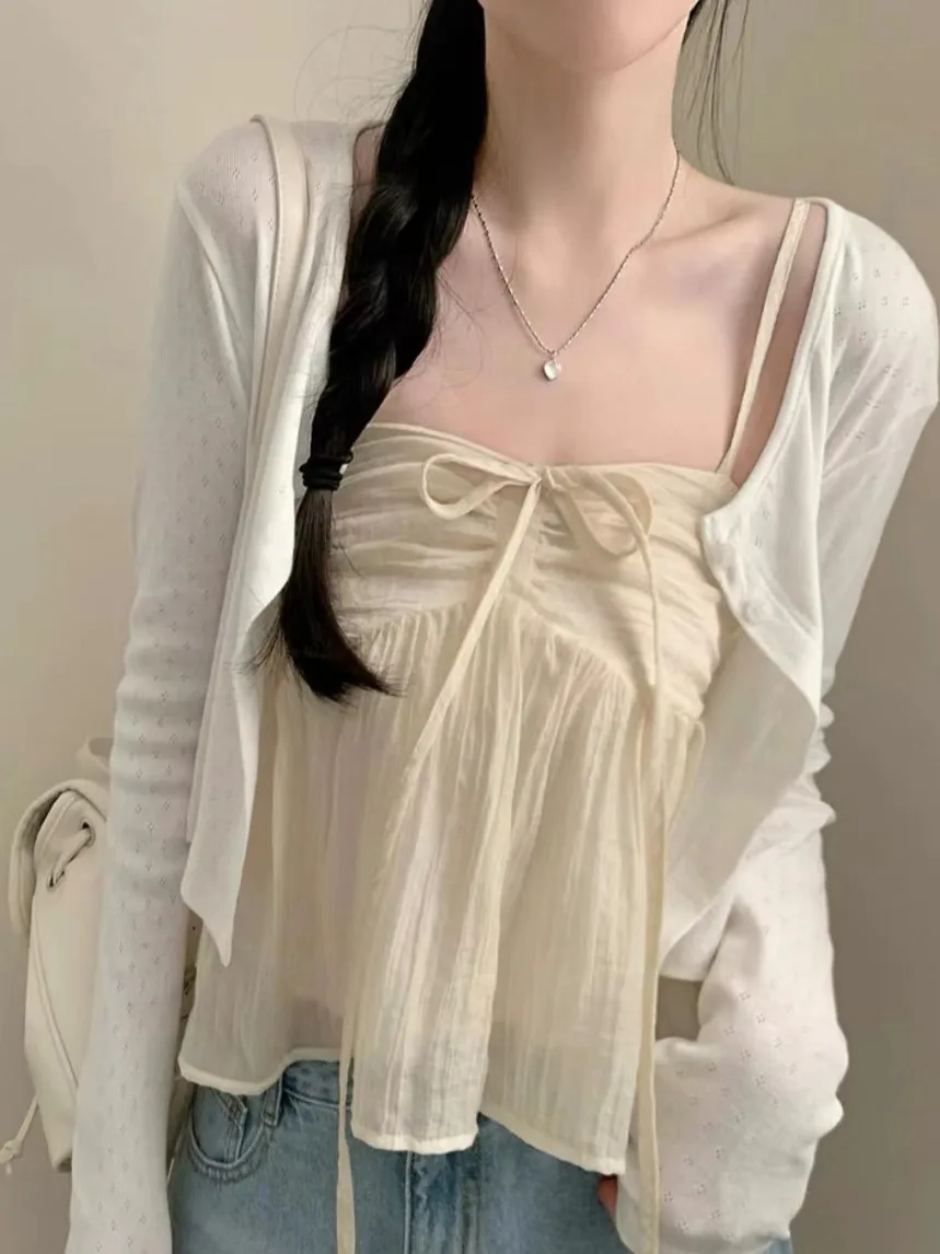 Seksowny top na ramiączkach damski, koreański styl, do noszenia pod ubraniem, wiązany, mały, z odkrytym ramieniem, dopasowany, elegancki, wyszczuplający, czysty C...