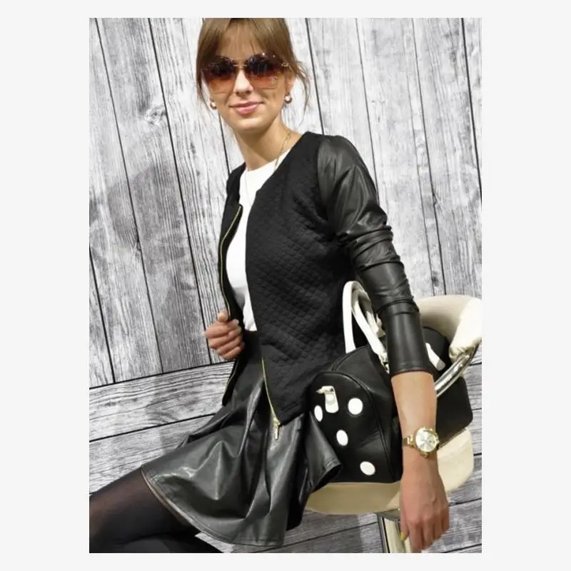 

Spring 2020 Women's Slim Fit Long Sve PU Leather Patchwork Jaet Faionable Versatile Sle round Ne Zipper Closure ...