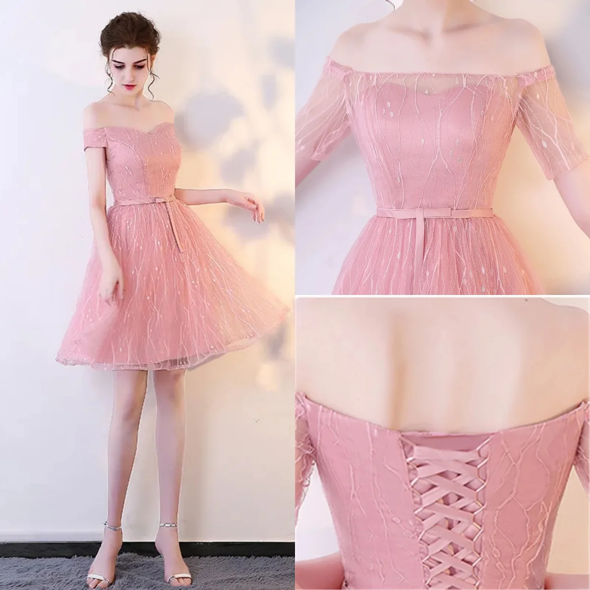 Prom Gown Pink Lace Tulle Off The Shoulder Lace up Knee Length Plus size Simple Women Formal Party Evening Dress Customization