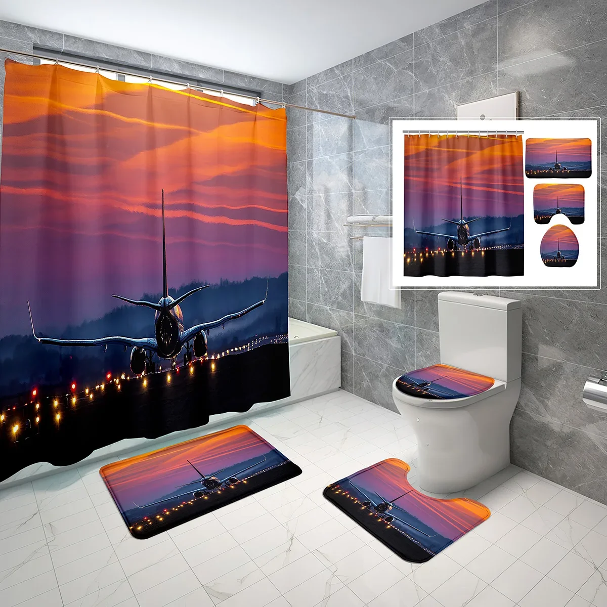 

4 Pcs Shower Curtain Set Sunset Flight Runway Airplane Shower Curtain Bathroom Non-Slip Bath Mat Toilet Cover Shower Curtain Set