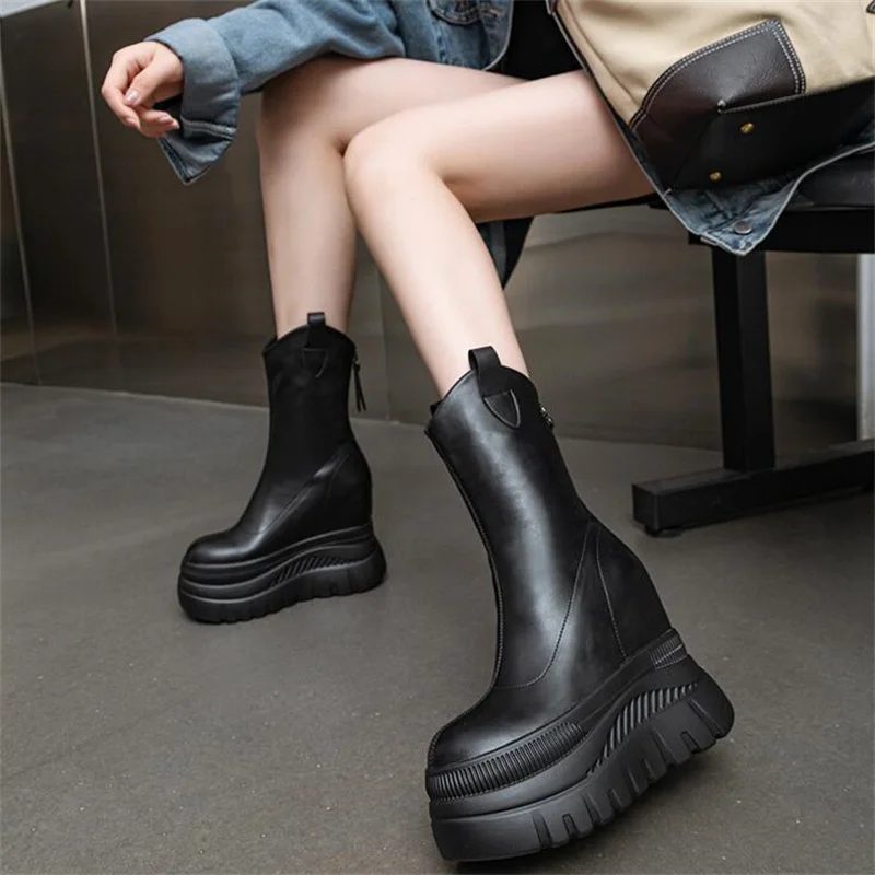 12cm New Microfiber Leather Women High Brand Pumps Heels Black Shoes ZIP Increase Casual Ankle Boots Platform Wedge Shoes