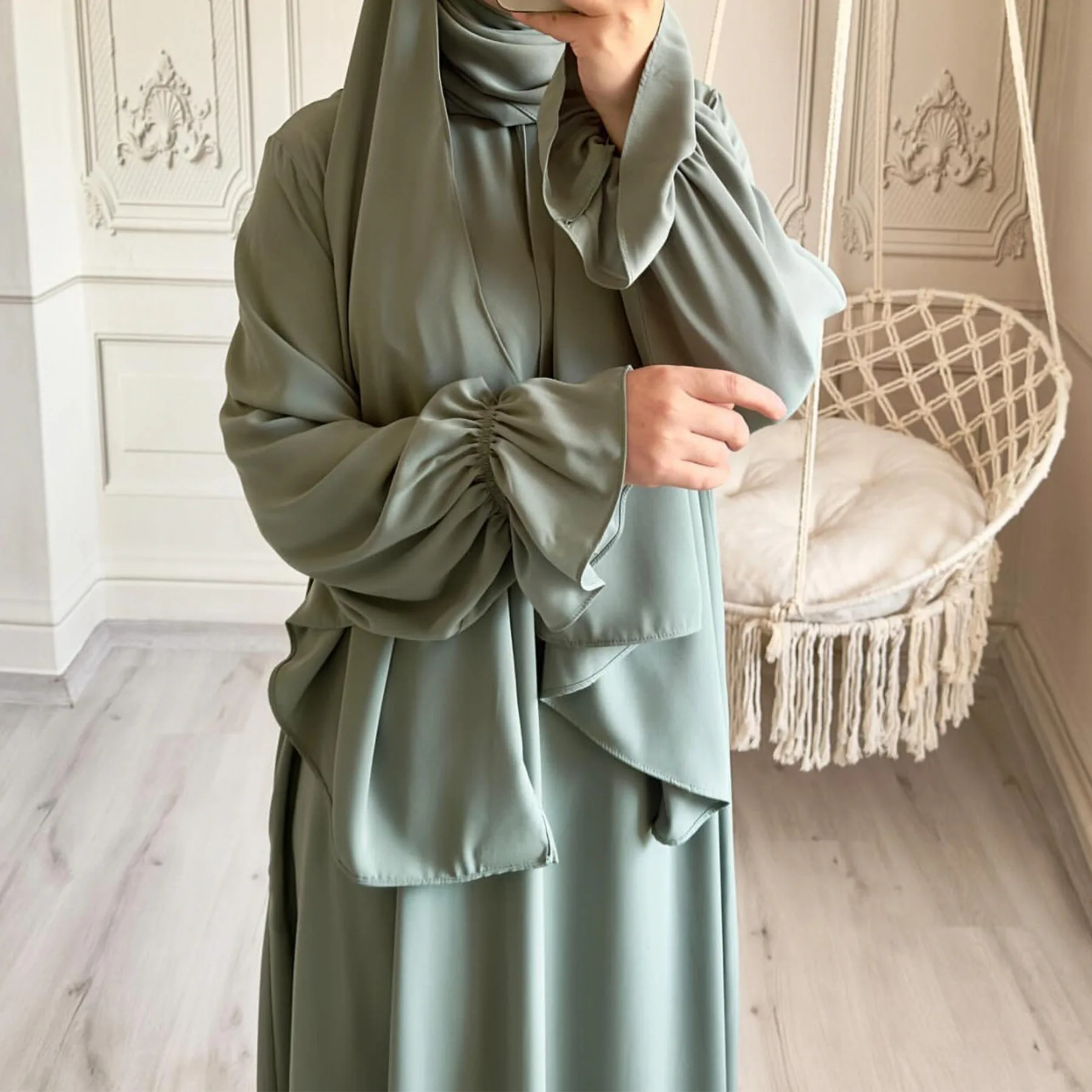 Abaya com capuz com Hijab anexado para mulheres muçulmanas, vestido de oração One Piece, mangas trompete, Dubai, Jilbab, Ramadan, Eid, roupas