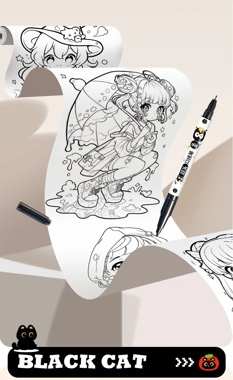 5 Stück Doppelspitzen-Zeichenstift mit feiner Linie, wasserfest, schwarzes Katzen-Design zum Skizzieren, Manga-Kunststudenten-Marker – Detail 6