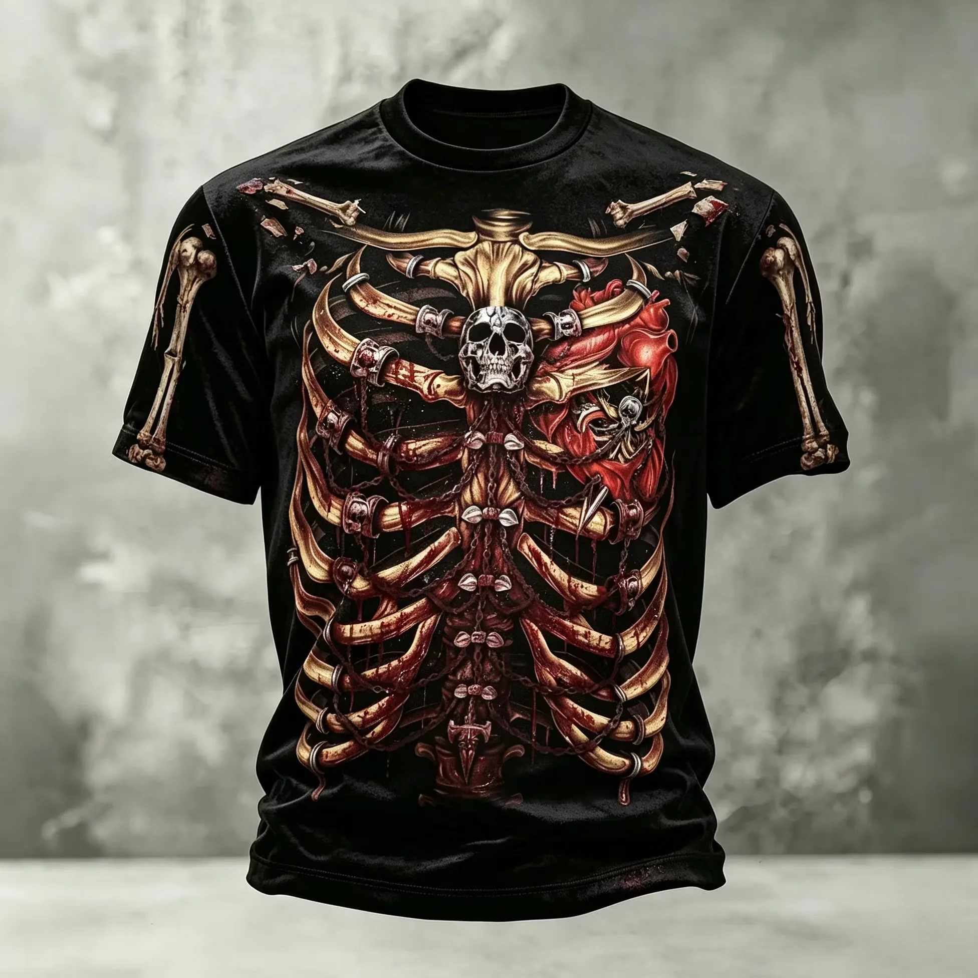 Halloween Human Body Structure Graphic T‑Shirt Men 3D All‑Over‑Print Skeleton Organ Design Casual Short Sleeve Party Tees
